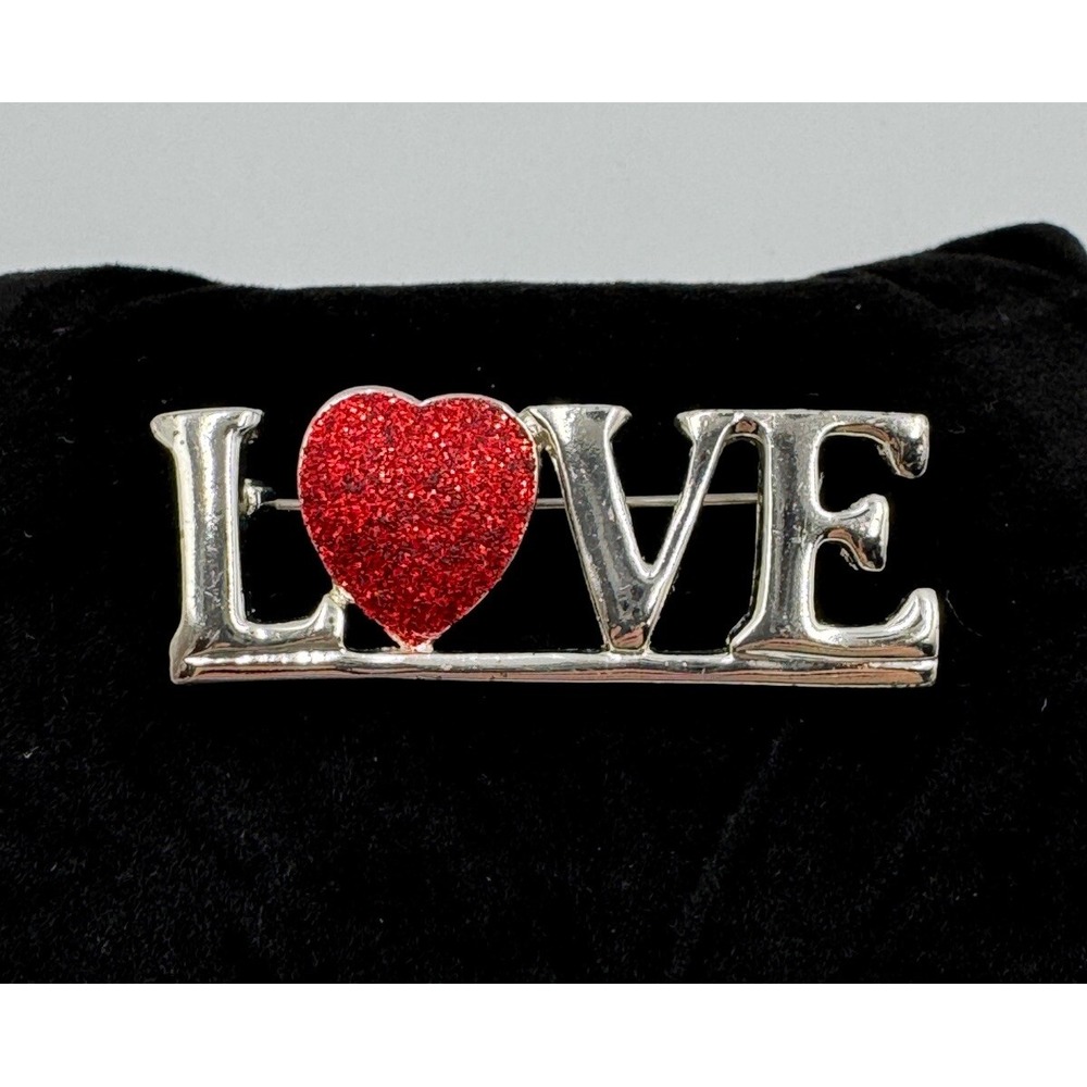Vintage‎ SFJ Valentine Red Glitter Heart LOVE Brooch Lapel Pin Signed Numbered